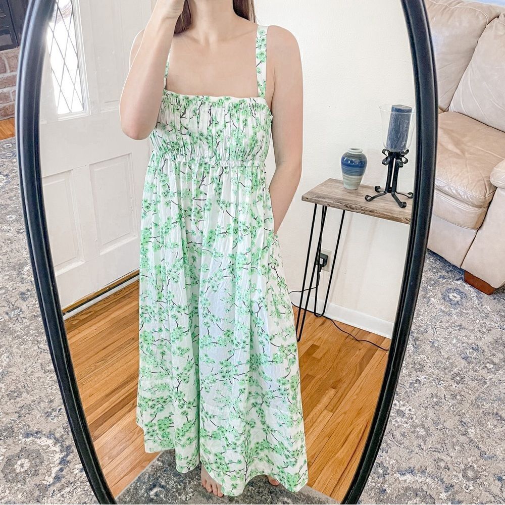 J Crew Gathered Tank Midi Dress Lime Cherry Blossoms 6